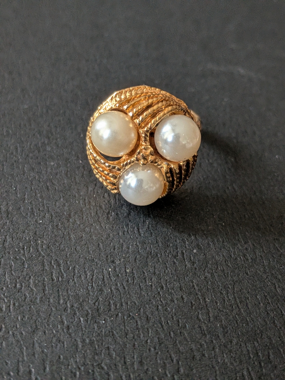 Vintage Gold Tone Triple Pearl Dome Cocktail Ring Adjustable